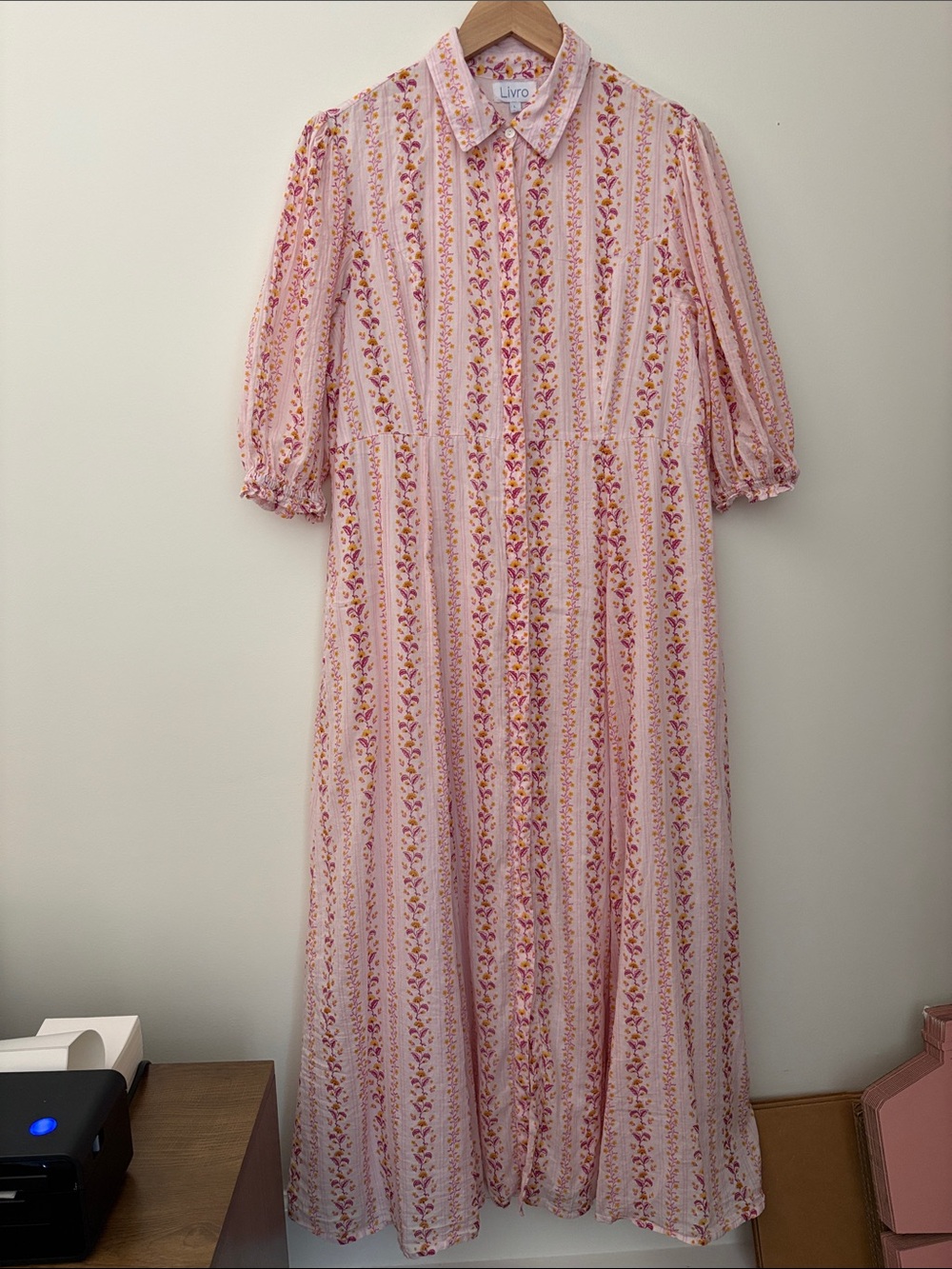 Livro Rosie Floral Stripe Cotton Maxi Shirt Dress Pink White Cottagecore Size L
